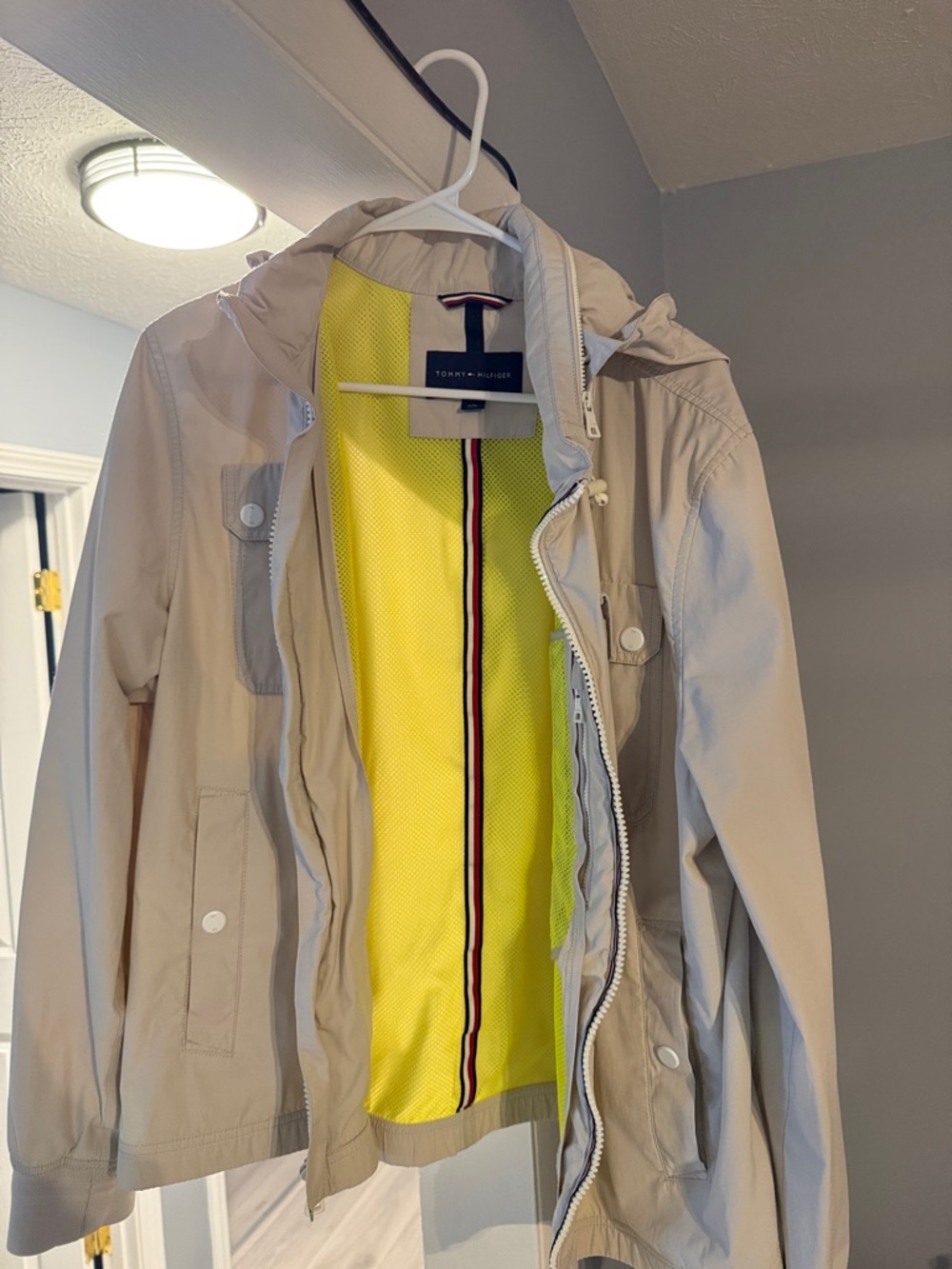 Tommy Hilfiger Beige Hooded Raincoat with Yellow Lining